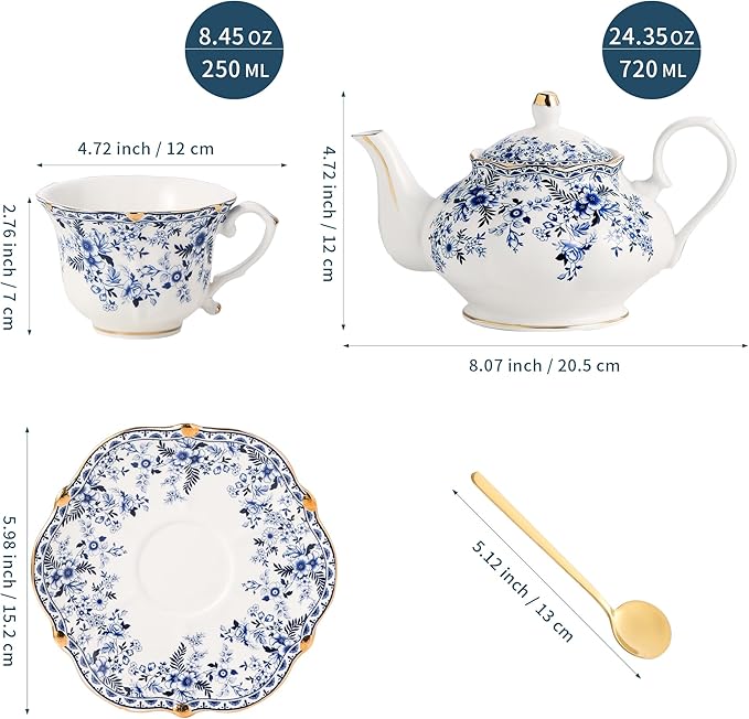 TATSUMI Country Roses Porcelain Tea Set, European Ceramic tea set for one or two,Vintage Style, For Women and Tea Parties (BLUE, 7 Pieces Set)