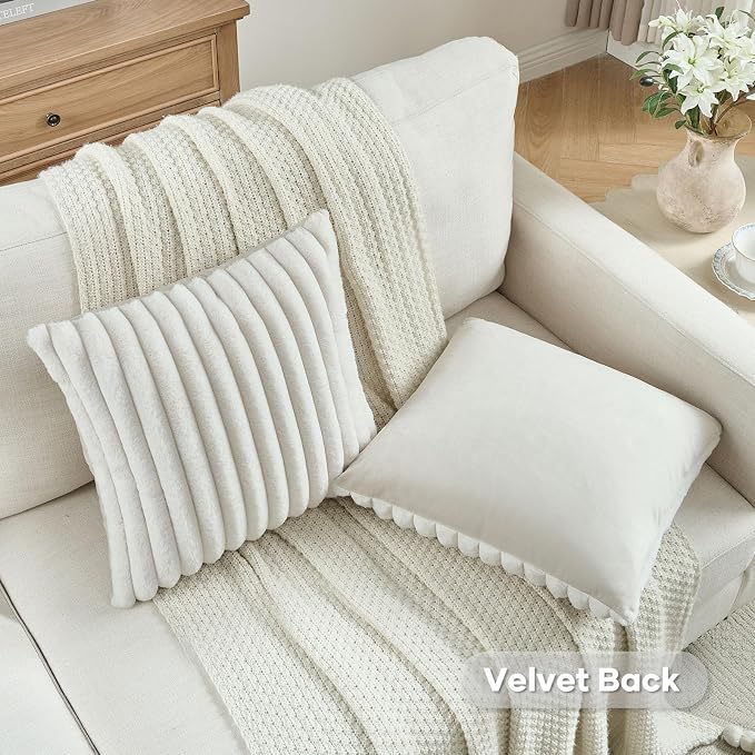 FUTEI Pack of 2 Faux Fur Throw Pillow Covers 16x16 Inch, Cream White | Fluffy Faux Rabbit Fur Front/Premium Velvet Back,Hidden Zipper,Machine Washable,Non-Shedding,Colorfast,Insert Not Included.