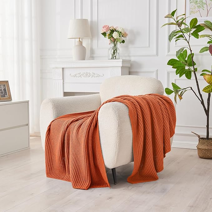 Douceur Rust Orange Throw Blanket for Bed, Soft Chunky Cable Knit Throw Blanket, Classic Fisherman's Rib Stitch Pattern Throw for Living Room,50"X60"
