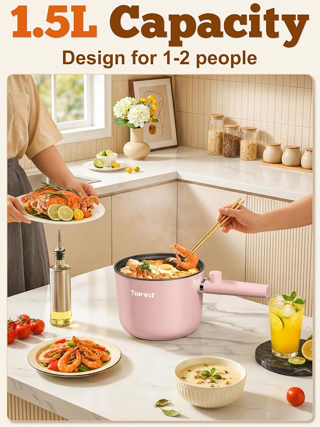 Topwit 1.5L Hot Pot Electric, Portable Ramen Cooker, Non-Stick Frying Pan | BPA-free, Glass Lid, Overheat & Boil-dry Protection, Electric Pot for Pasta, Steak, College Dorm Office Travel Essentials