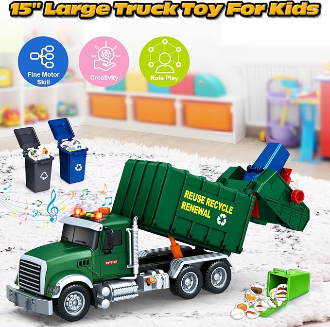 Kids Toys for 3 4 5 6 7 8 Years Old Boys, 15" Large Garbage Truck Toy, Friction Powered Garbage Recycling Truck with Lights and Sounds, 3 Trash Bins with Trash Cards, Birthday Gifts for Boys Girls