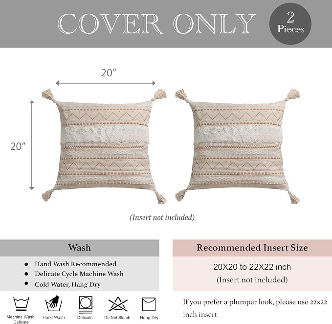 Decorative Throw Pillow Covers 20x20 Combo Set of 2 Square Cream Neutral White Boho Accent Pillowcase Tassels Farmhouse Cushion for Couch Sofa Bedroom Living Room Home Décor Cover ONLY