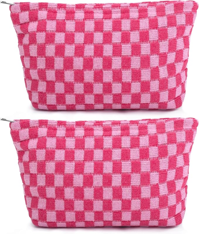 SOIDRAM 2 Pieces Makeup Bag Large Checkered Cosmetic Bag Capacity Canvas Travel Toiletry Bag Organizer Cute Makeup Brushes Aesthetic Accessories Storage Bag for Women, Rose Red checkered