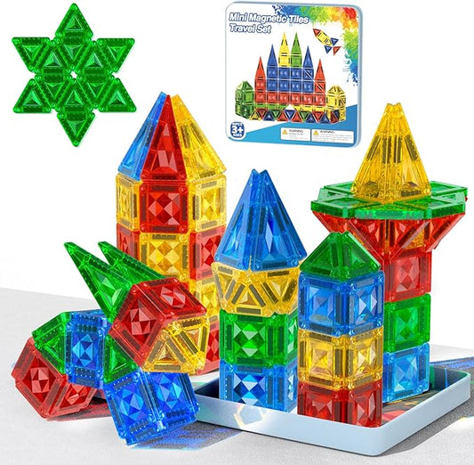 60pcs Mini Magnetic Tiles for Kids Ages 3-8,Travel Magnetic Building Blocks with Metal Storage Box, STEM Educational Toys, Montessori Sensory Learning Toys for Toddlers, Boys & Girls Gift
