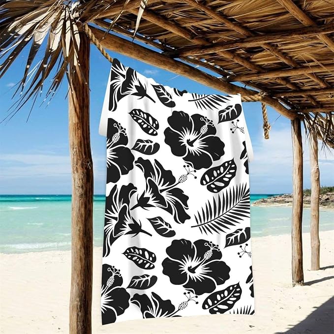 Black Hibiscus Flower Beach Towel, Microfiber Absorbent Quick Dry Swimming Yoga Beach Towels for Women, Men, Kids