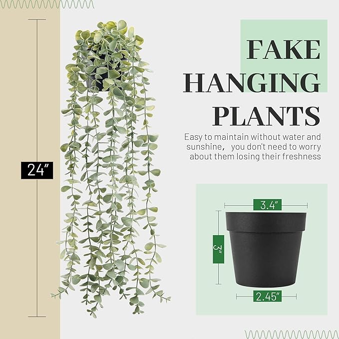 Der Rose Fake Eucalyptus Hanging Plant for Boho Bathroom Wall Art Decor | Vintage cascading greenery adds vertical texture, atificial farmhouse plants brings natural charm to room, shelf decor