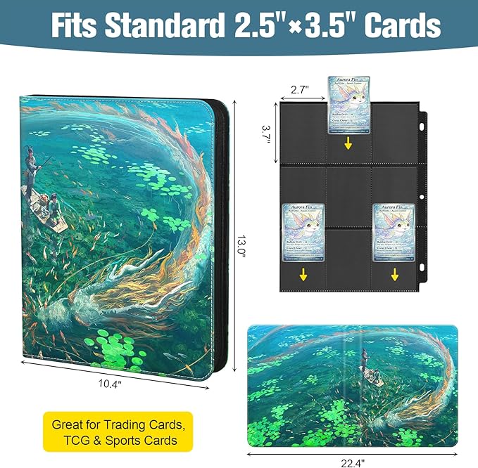 Trading Card Binder, 3-Ring Zippered for Standard 2.5"x3.5" TCG and Sports Cards, 9-Pocket Double-Sided Pages, 50 Sheets/900 Pockets, Acid-Free PVC-Free, PU Cover, Wrist Strap - Lake Art Design