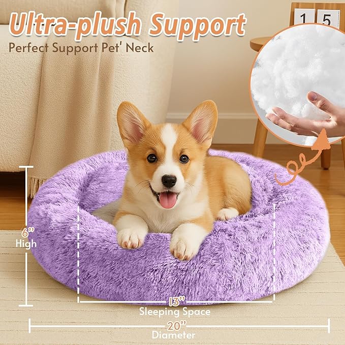 JOLLYVOGUE Calming Dog & Cat Bed for Small Dogs, Anti-Anxiety Donut Cuddler Cozy Soft Round Bed with Anti-Slip Bottom, Fluffy Faux Fur Plush Cushion Beds for Small Medium Pets (20")