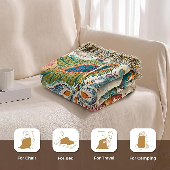 LUTBM Boho Throw Blanket for Couch 50"x60", Cotton Decorative Bed Throw | Reversible Botanical Floral Jacquard, All-Season, For Chair Sofa Living Room, Lightweight & Breathable Throws, Home Decor