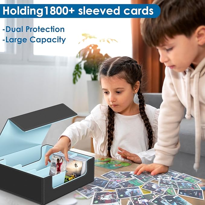 Homthy 1800+ Card Deck Case for Trading Cards, Leather Magnetic Closure Commander Card Storage Box Magic Card Holders Fit for MTG TCG and Sport Cards (Sky Blue)