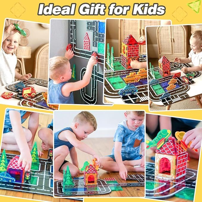Magnetic Tiles City Road Set Kids Toys Sensory Games for 3 Year Old Boys and Girls, Magnetic Blocks for Kids Age 3-5 4-8 Classroom Must Haves Preschool Learning Outdoor Toys