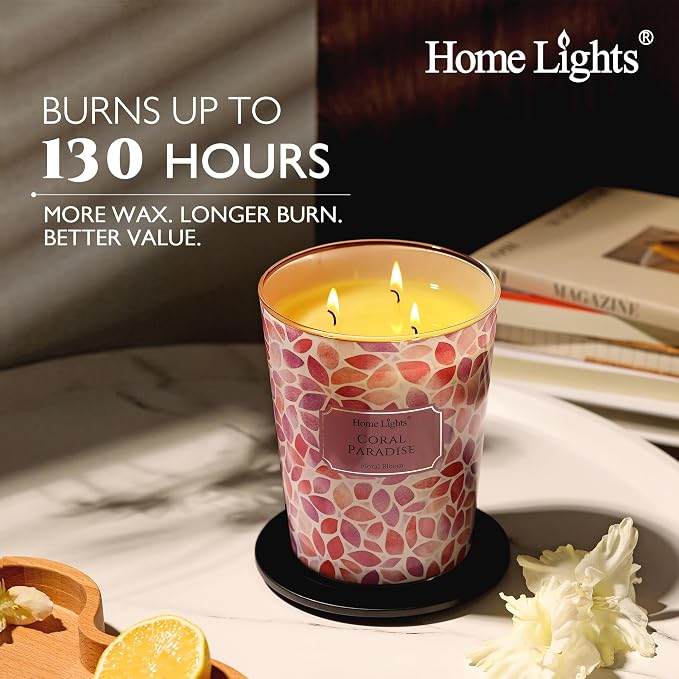 HomeLights Coral Paradise Scented Candles | 34oz Soy Candles Bohemian Natural Textures 3-Wick Large Candle Jars | Ideal Candle Gifts for Events, Home Decor Stress, Relief & Relaxation