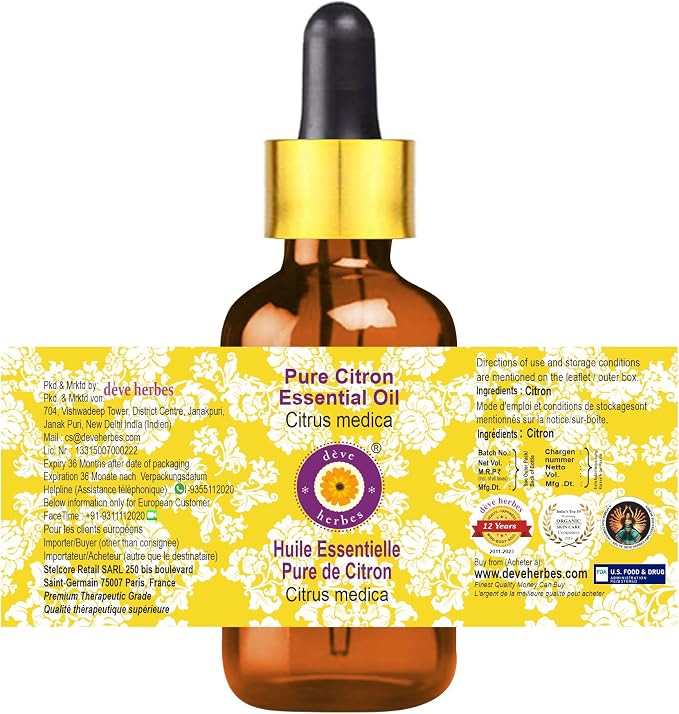 dève herbes Citron Essential Oil (Citrus Medica) with Glass Dropper | Pure | Non-Sticky | Non-Greasy | Lightweight | Men & Women | All Skin Types | Steam Distilled 5ml (0.16 oz)