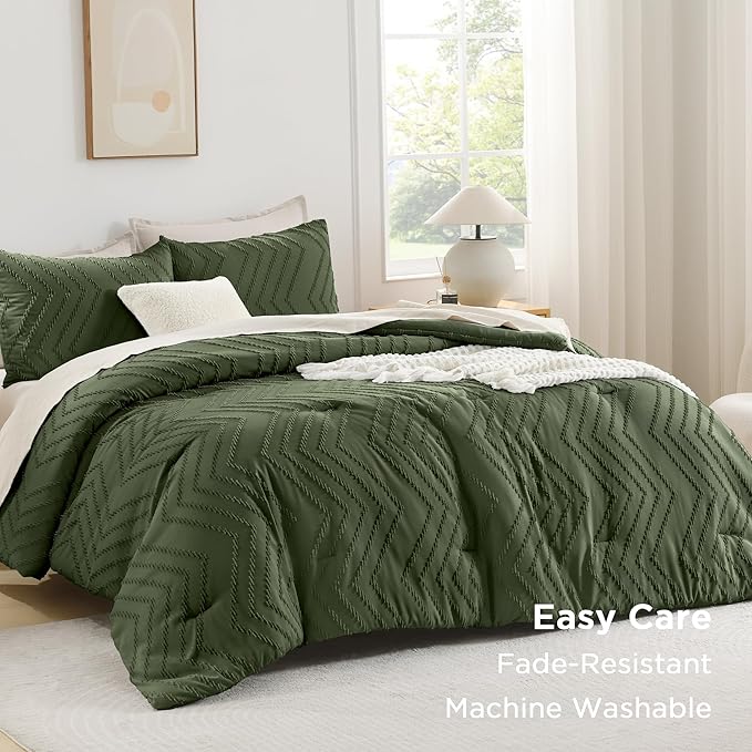 Andency Olive Green Oversized Super King Comforter Set 120x120, Extra Large King Size Comforter Oversize Boho Soft Warm Bedding Comforter Sets, 3 Pieces Aesthetic Chevron Textured Bedding Set
