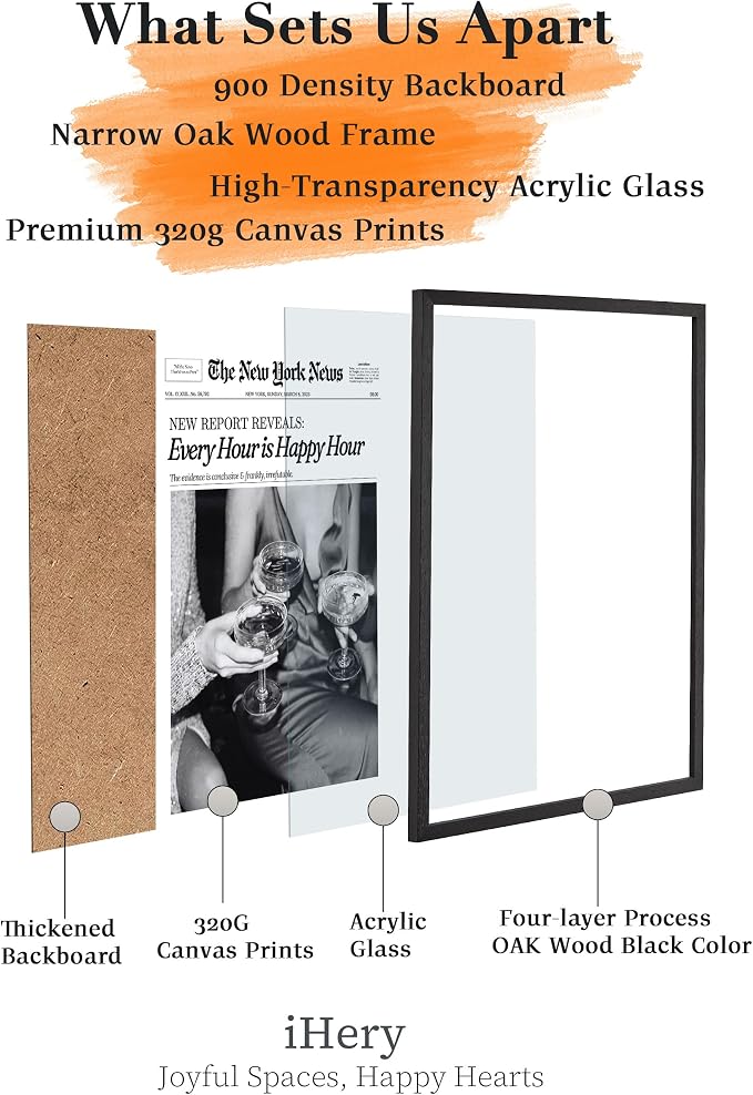 iHery 12x16in Every Hour Is Happy Hour Black Framed Newspaper Wall Art | Premium Black Natural OAK Wood Frame with Canvas Print, Retro Editorial Decor for Bedroom, Girl Dorm, Living Room 1Pack
