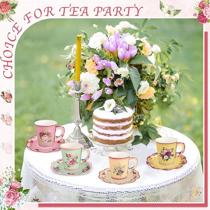 24 Sets Vintage Floral Tea Party Cups 7 OZ Disposable Paper Cups with Handle and Plates Teacups and Saucer Sets for Tea Party Decorations Garden Party Baby Bridal Shower Birthday(Vintage Style)