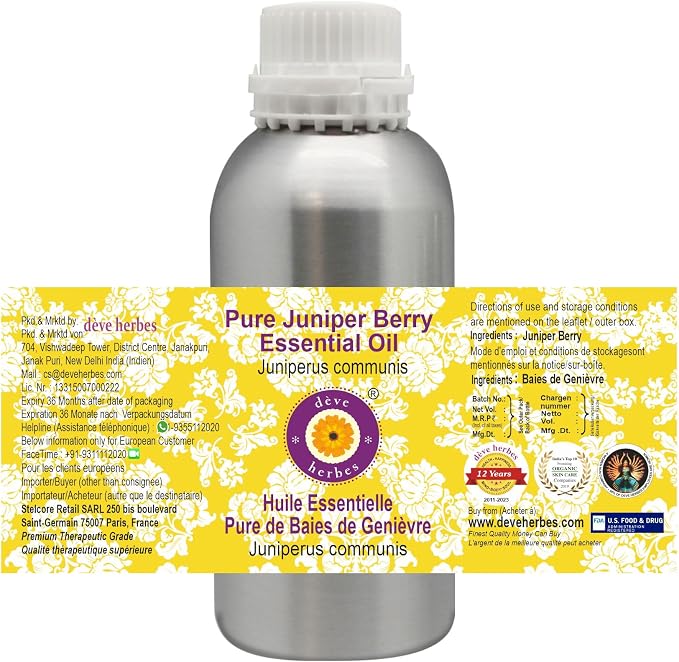Deve Herbes Pure Juniper Berry Essential Oil (Juniperus communis) with Glass Dropper Steam Distilled 10ml (0.33 oz)