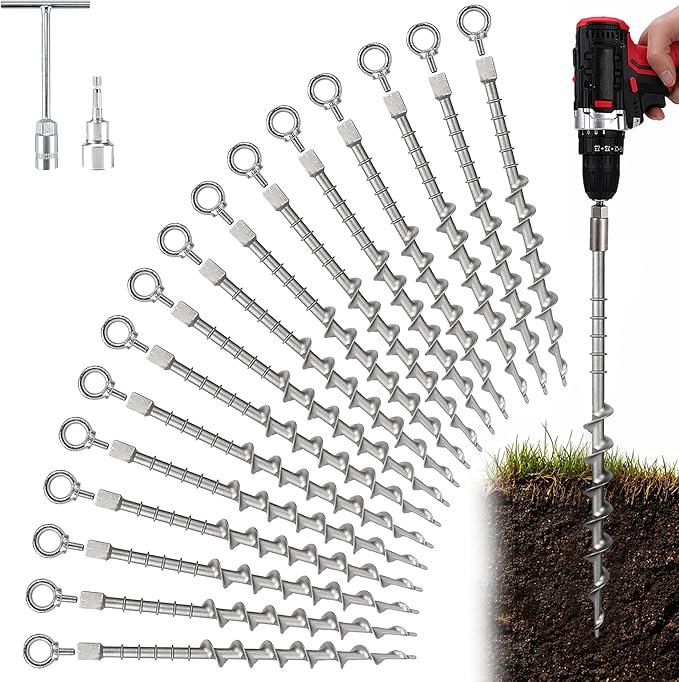 16 Pcs 12" Rustproof Aluminum Screw in Tent Stakes, Heavy Duty Ground Anchors with 8mm Adapter & Hooks, Durable Metal Stakes for Outdoor Camping, Tarp, Swing Sets, Lightweight & Strong Grip