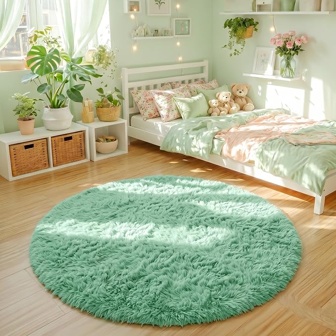 Amdrebio Sage Green Round Rug 6Ft for Living Room Bedroom, Fluffy Furry Circle Rugs for Nursery, Classroom, Baby Kids Room Decor, Cute Shaggy Area Rug for Teen Boys, Fuzzy Plush Light Mint Carpet