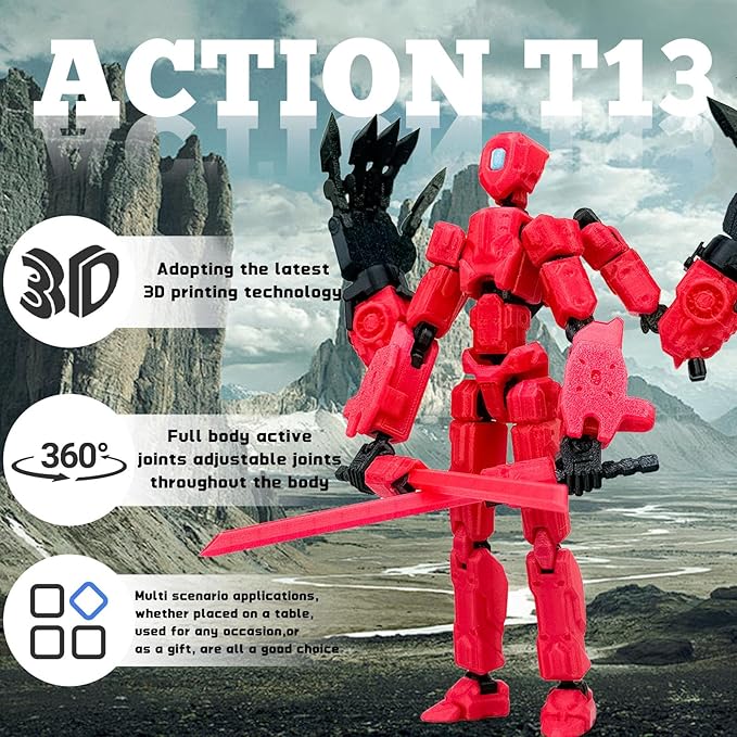 5.5Inch T13 Action Figure Assembly Completed, T13 3D Printed Action Figure Multi-Jointed Movable Robot Set,Collectors Desktop Decorations for Game Lovers Toys (Luminous Red)