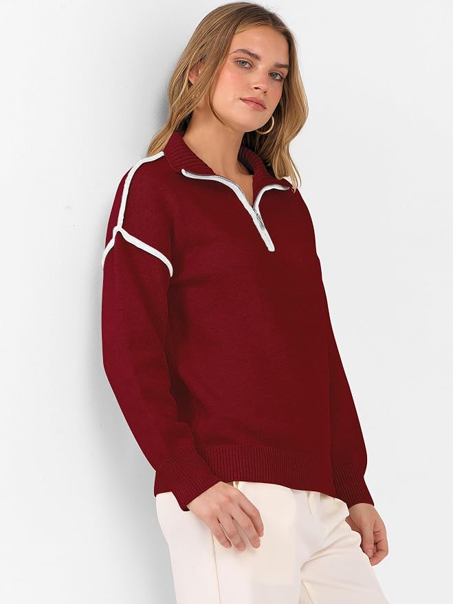 ANRABESS Womens Quarter Zip Sweaters Fall Long Sleeve V Neck Shirts Collared Business Casual Tops Knit Pullover Sweatshirts