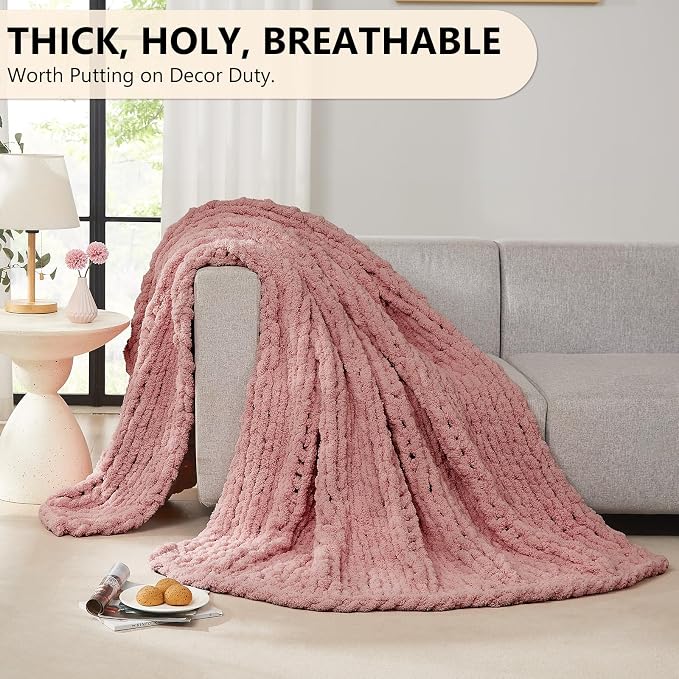 L'AGRATY Chunky Knit Throw Blanket for Couch, 50 x 60 Inches, Rose Pink | Handmade Chenille Crochet Blanket for Sofa Bed, Thick Cable Knitted Blankets for Room Home Decor, Birthday Gift for Women Mom