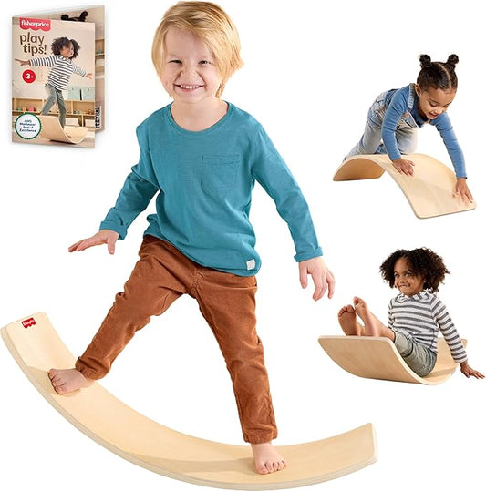 Fisher-Price Wood Montessori Toy Rockin' Balance Board, American Montessori Society Seal of Excellence, 31.7-Inch Wooden Motor Skills Learning Activity for Kids Ages 3+ Years (Amazon Exclusive)