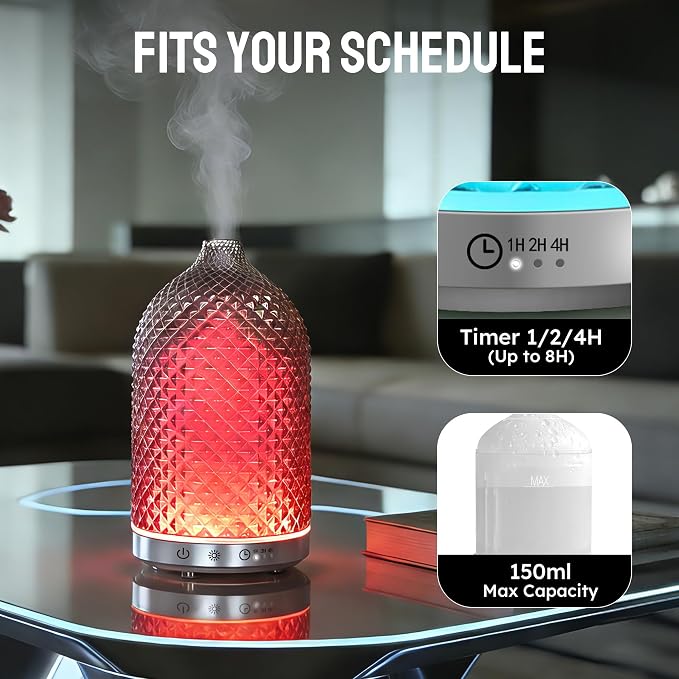 Essential Oil Diffuser 150ml, Glass Diffuser with Ultrasonic Small Humidifier, 7 Color Lights, 1/2/4H Timer, Quiet Auto Shut-Off Oil Diffuser for Bedroom, Home, Office (Silvery)