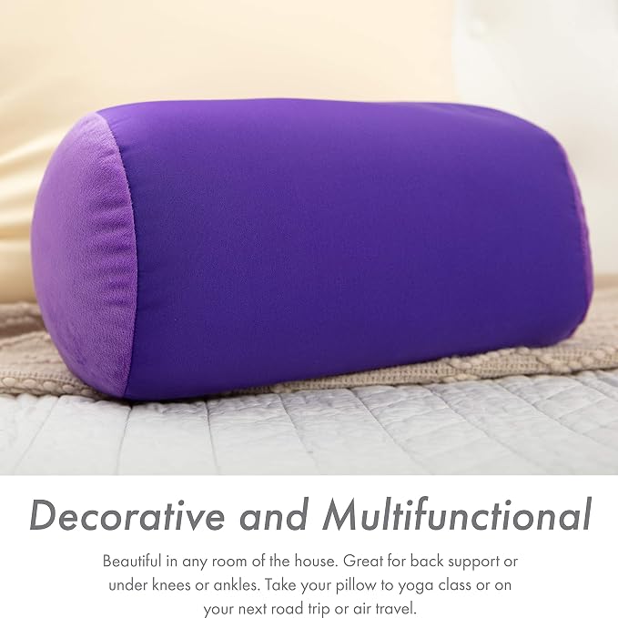 Microbead Bolster Neck Roll Pillow, Gently On Body, Head, Neck & Shoulders No Pain Rest, Relax Sleep - Silky Feel Prevent Wrinkles & Hair Breakage - Lightweight Cylinder Tube, 14" x 8", Dark Lavender