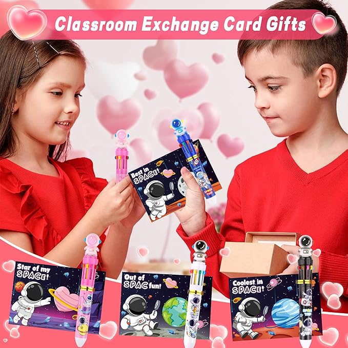 24 Pack Valentines Day Gifts for Kids Classroom Multicolor Ballpoint Pen with Valentines Day Cards for Kids School, Valentines for Kids Classroom Class Exchange Gifts Prize Party Favors for Boys Girls