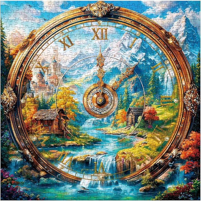 Landscape Clock Puzzles for Adults 1000 Pieces, Art Nature Mountain Flower Plant Jigsaw Puzzles, Challenging Colorful Scenic River Cabin Watch Puzzle