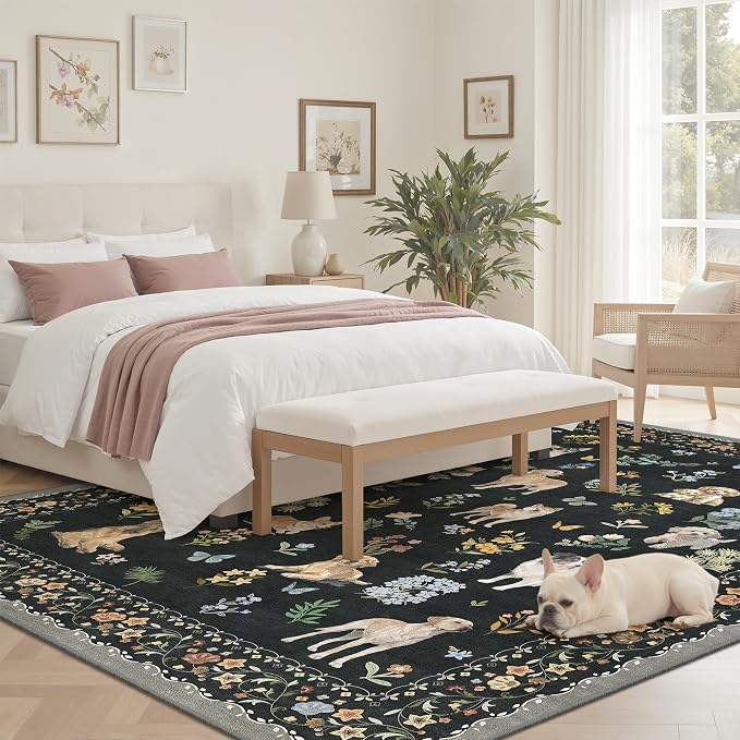 Soalmost Dog 6x9 Area Rugs for Living Room, Washable Animal Soft Rug Black | Floral Vintage Non-Slip Low Pile Cute Throw Rugs for Living Room Kitchen Dining Room Bedroom Nursery Playroom 5' x 7'
