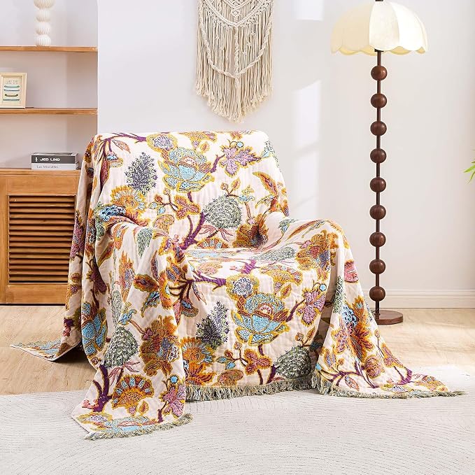 XIBLC Boho Throw Blanket for Bed, 100% Cotton Soft Rustic Quilt Fall Blanket, 80"x90" Floral Printed Farmhouse Decor Bed Blankets, All Season Rustic Reversible Bohemian Throw Quilt