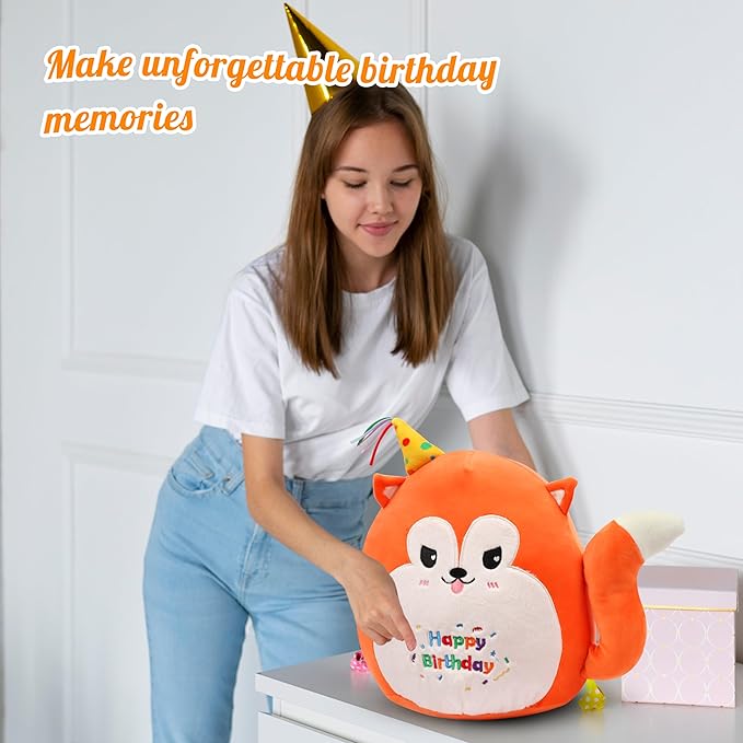 Easfan 12’’ Birthday Fox Plush Pillow Soft Fox Plush Toy Cute Fox Stuffed Animal Home Room Decoration Birthday Gift for Kids Adults,Orange, EF0087_Fox