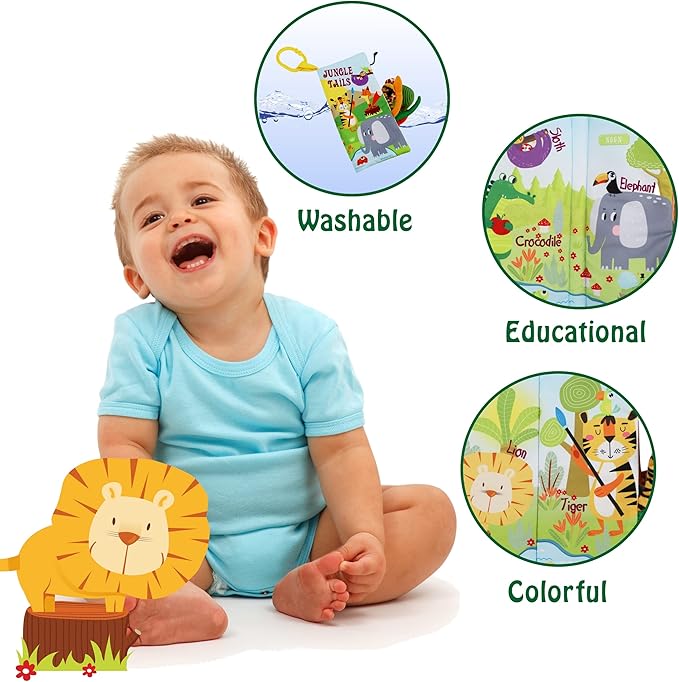 bebe mondo Jungle Baby Stroller Toys,Baby Books 0-6 Months,Touch and Feel Crinkle Cloth Books for Babies Infant Newborn Toys 0-3-6-12-18 Months, Interactive,Shower Gifts for Boys Girls