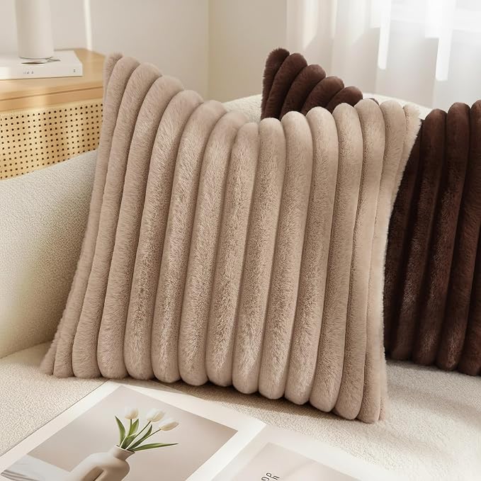 decorUhome Fall Faux Fur Throw Pillow Covers 16x16 Set of 2 Khaki Brown | Decorative Soft Cozy Striped Plush Modern Farmhouse Boho Couch Pillow Cases Velvet Back for Sofa Bed Living Room Home Decor