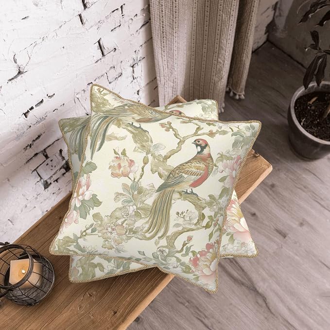 Vintage Cream Chinoiseriel Soft Velvet Throw Pillow Covers Set of 2 Bird Floral Flowers Leaves Decorative Pillow Covers 16x16 Inch Rustic Farmhouse Pillow Case For Sofa Couch Living Room Home Decor