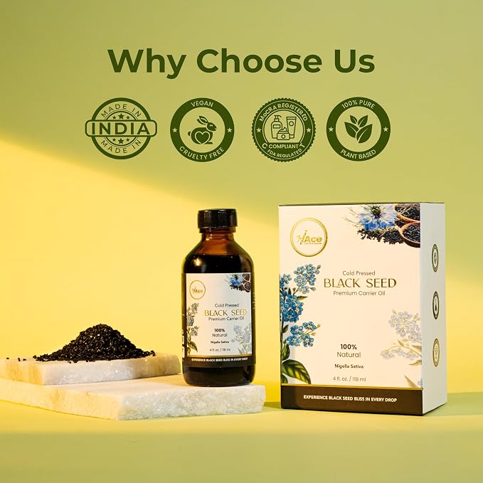 My Ace Black Seed Carrier Oil 4 Fl Oz - 100% Pure & Natural - Premium Grade, Cold Pressed Unrefined for Skin, Face Care, Hair Growth, Facial, Body Massage, Scalp Treatment, Stretch Marks, Aromatherapy
