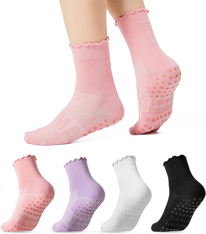 COOLMATE Pilates Socks with Grips for Women, Yoga Socks, Crew Non Slip Women for Barre, Pilates Gifts for Women