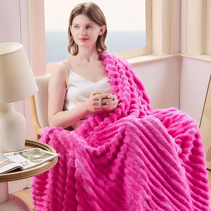 NEWCOSPLAY Super Soft Twin Blanket Hot Pink Premium Silky Flannel Fleece 3D Ribbed Jacquard Lightweight Bed Blanket All Season Use (Hot Pink Ribbed, Twin(60"x80"))