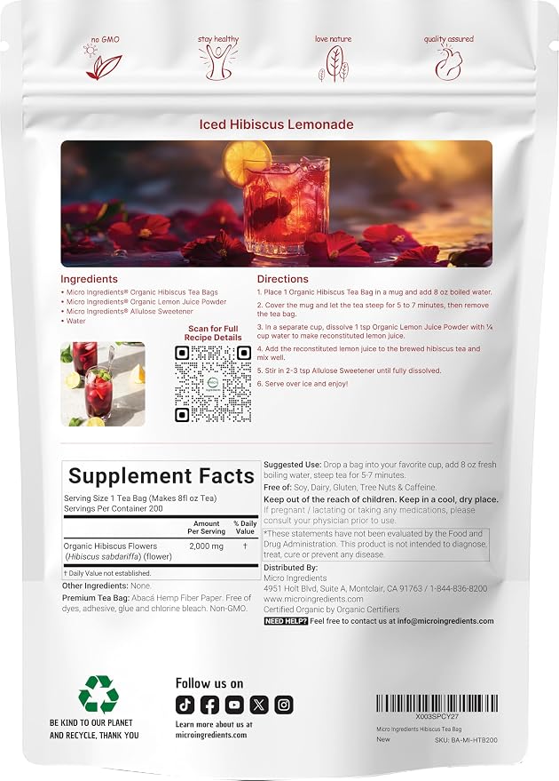 Organic Hibiscus Tea Bags, 200 Count | Premium Source from Hibiscus Flowers | Caffeine Free Herbal Tea | Eco-Friendly Hemp Paper Tea Bags | Non-GMO, No Sugar