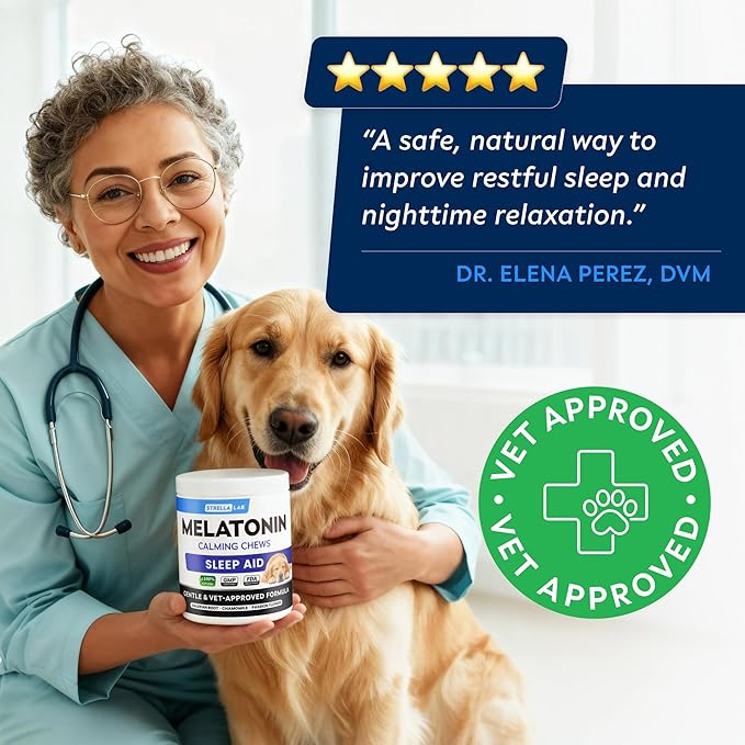 STRELLALAB Melatonin for Dogs to Sleep 6mg - Doggie Sleep Aid Treats - Sleeping Pills for Anxiety - Extra Strength Calming Chews Large & Small Breed Help Sleep at Night - Made in USA - 60Ct