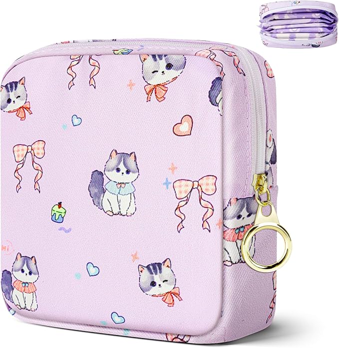 Likesing Tampon Holder for Purse, Canvas Period Bag Sanitary Napkin Storage Bag for Girls Womens, Portable Feminine Emergency Pad Period Pouch(Bow-Tie Wink Cat)