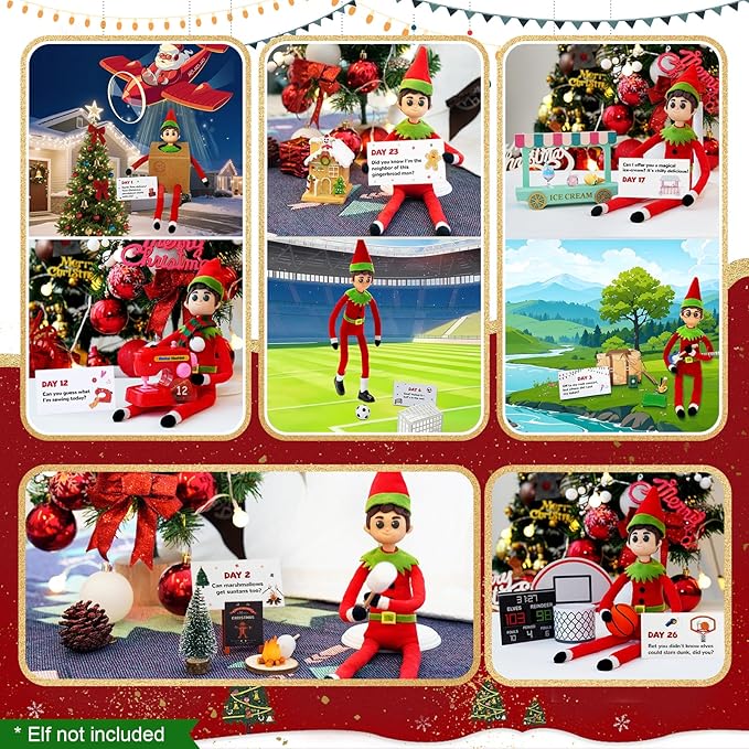 28-Day Christmas Elf Kit with 28 Fun Elf Scenes, Christmas Elf Adventure Kit 2025 Elf Box Kit Elf Helper Kit with Elf Props & Elf Accessories Kit for Christmas Countdown Ideas Kit