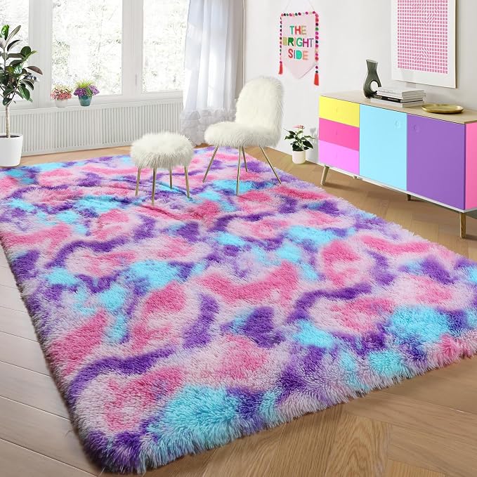 PAGISOFE Ultra Soft Rainbow Area Rugs for Bedoom Girls, 3x5 Ft, Fluffy Cute Colorful Pastel Princess Carpet for Kids Teens Nursery, Dorm Rug for Room Decor Aesthetic, Hot Pink Purple Bedroom Decor