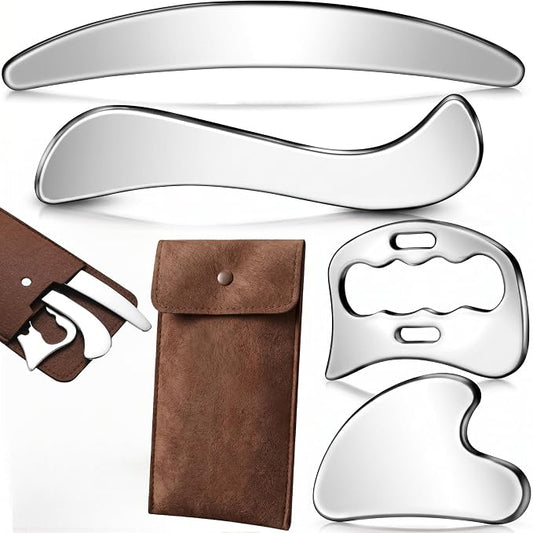 4 in 1 Muscle Scraper Tool Set, IASTM Massage Tools with Storage Case, Gua Sha Scraping Tool for Myofascial Release, Muscle Recovery, Body Massage (4PC Stainless Steel)