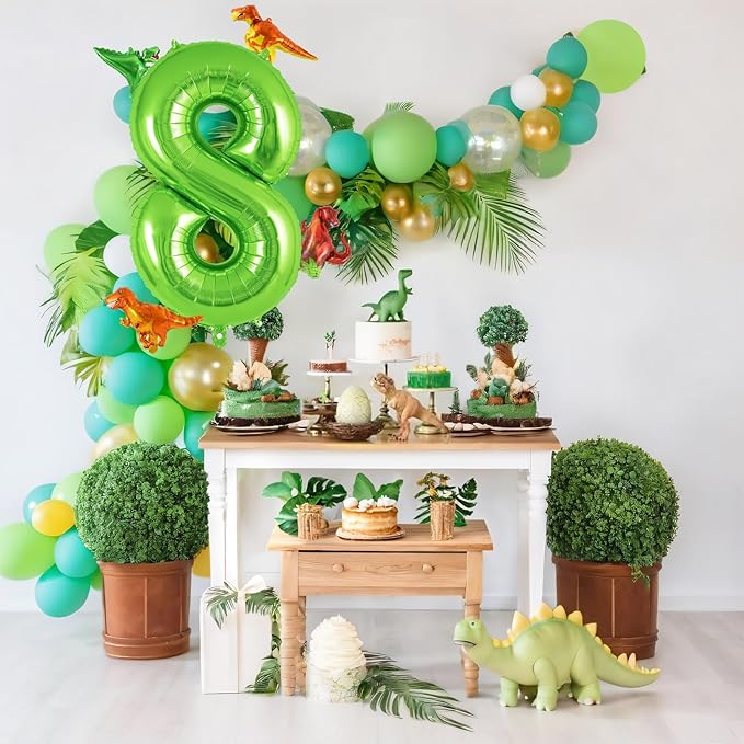 Dinosaur Green Number 8 Balloon, 40 Inch Big Large Foil Helium Green Number Balloon with 4 Pcs Mini Dinosuar, Dinosuar Mylar Balloons Set for 8 Year Old Birthday Party Decorations Supplies