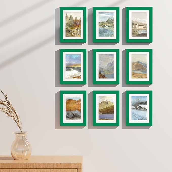 Vittanly 5x7 Picture Frames Set of 9 for Wall or Tabletop Display, Green | Display Pictures 4x6 with Mat or 5x7 without Mat, Small Photo Frames, Engineered Wood with Shatter Resistant Plexiglass