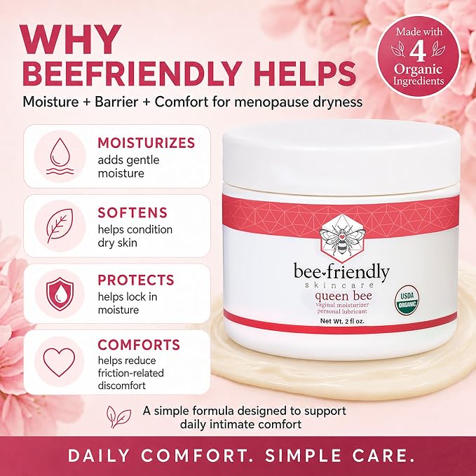BeeFriendly® Organic Vaginal Moisturizer, USDA Certified, 4 oz (2 Jar Box) | Natural Vulva Cream, For Dryness, Itching, Irritation, Redness & Chafing, Due to Menopause & Thinning