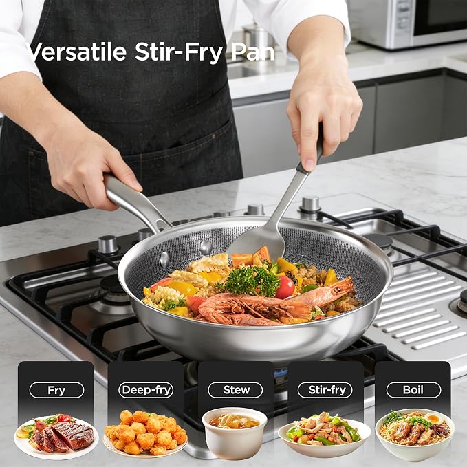 COOKER KING 11" Hybrid Wok Pan with Lid, Nonstick Deep Skillet for Stir-Fry | Non-Toxic Coating, Dishwasher & Oven Safe, Induction Ready, Stay-Cool Handle, 3-Ply Stainless Steel Clad for Fast Heat